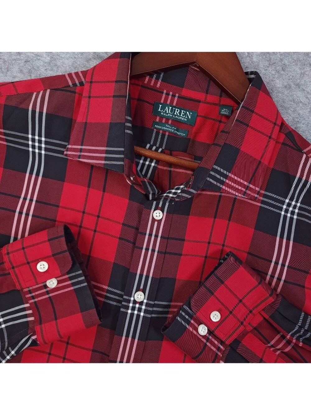 Ralph Lauren Performance Stretch Shirt 18.5 36/37 Tall Red Plaid Twill Holiday